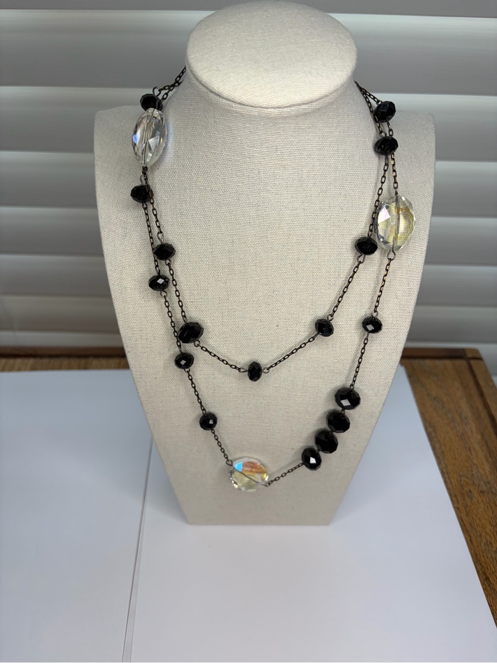 Vintage Layered Black Bead Necklace with Crystal Accents